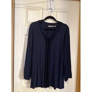 Soft Surroundings Top Women’s Size L Blue Studded Velour Trim Tunic Stretch Knit